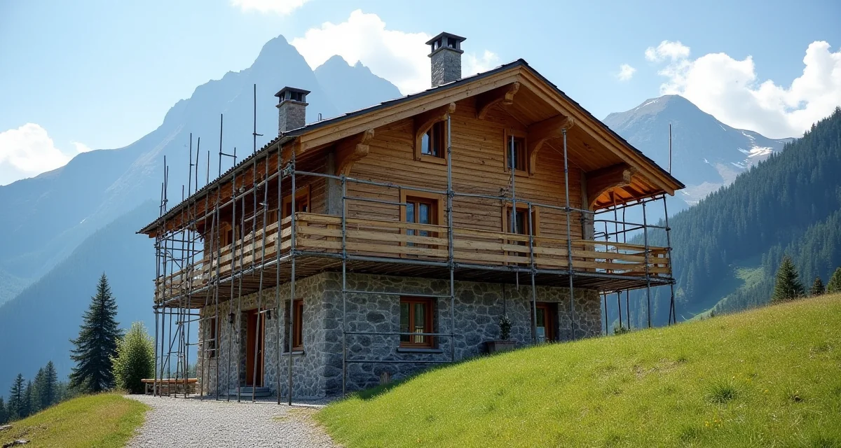 Casa alpina in pietra e legno avvolta da impalcatura durante ristrutturazione con montagne sullo sfondo