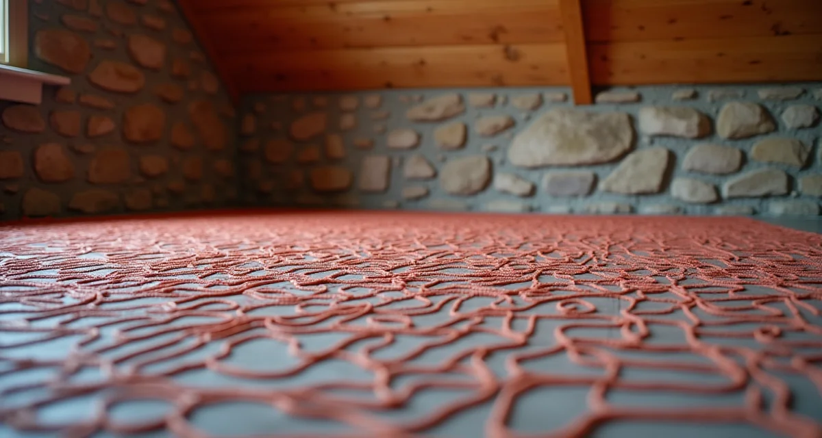 Tubazioni del riscaldamento a pavimento installate in una stanza con muro in pietra e soffitto in legno