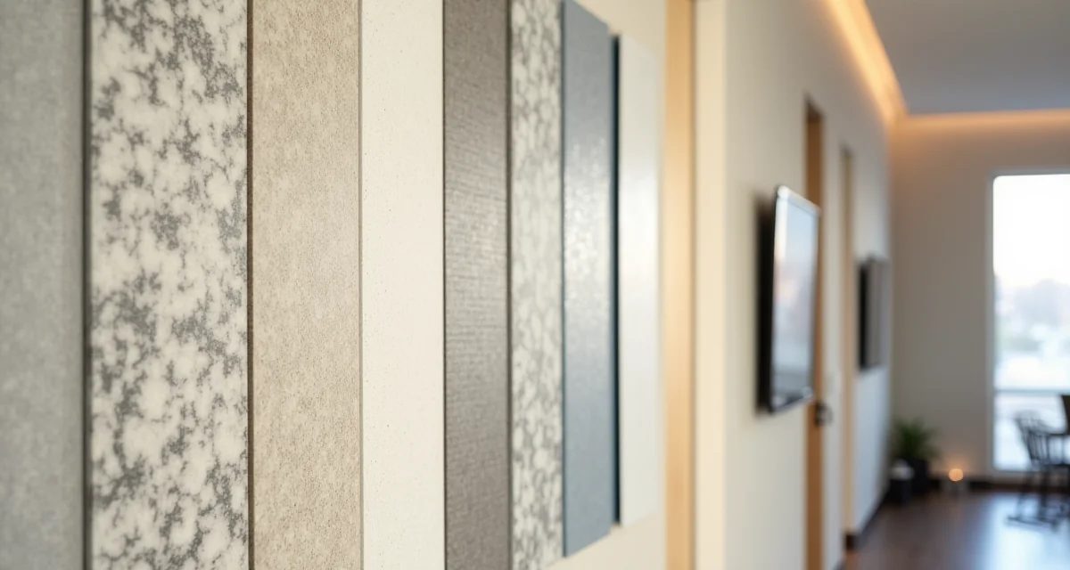 Campione di rivestimenti murali con diversi colori e texture disposti affiancati per il confronto visivo