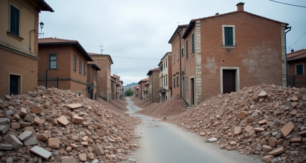 Crollo di case in muratura dopo un terremoto con macerie nella strada di un paese italiano sotto cielo nuvoloso