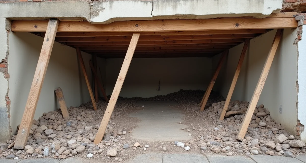 Edificio danneggiato da terremoto con muri crepati e puntellato con travi di legno sotto la luce del giorno