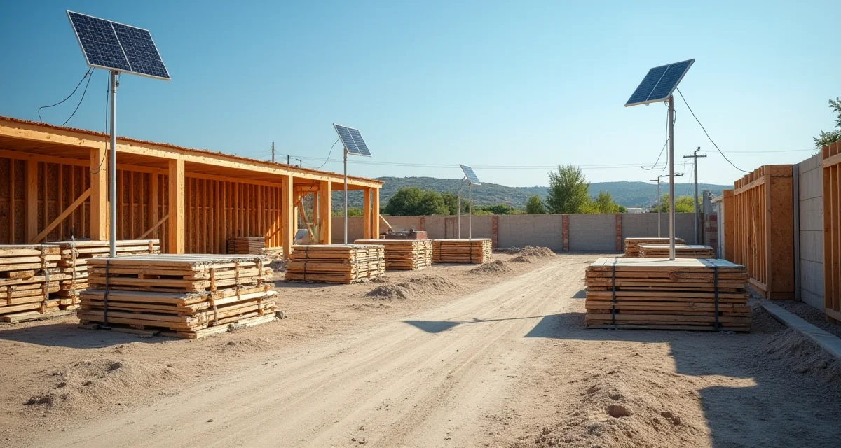 Cantiere edile ordinato con materiali separati, struttura in legno e illuminazione solare su una giornata di sole