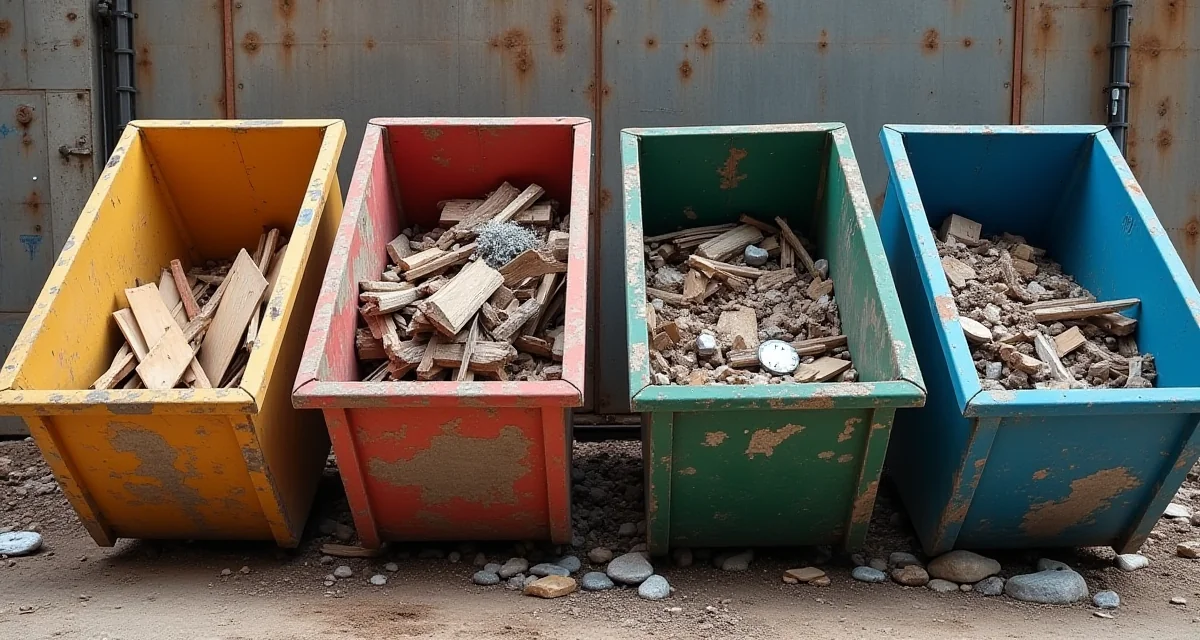 Raccoglitori differenziati per legno, metallo, macerie e plastica in un cantiile eco-sostenibile sotto la luce del giorno