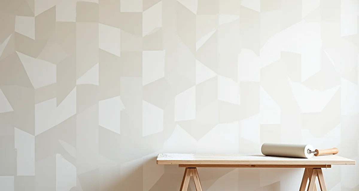Muro appena rivestito con carta da parati geometrica, tavolo da incollaggio e rullo laterali