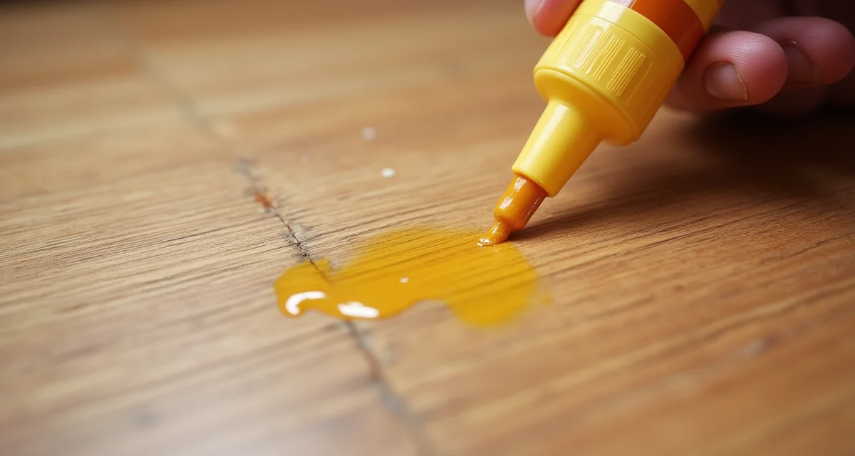 Riparazione di un graffio su pavimento in parquet di quercia con bastoncino cerato per ripristinare la superficie