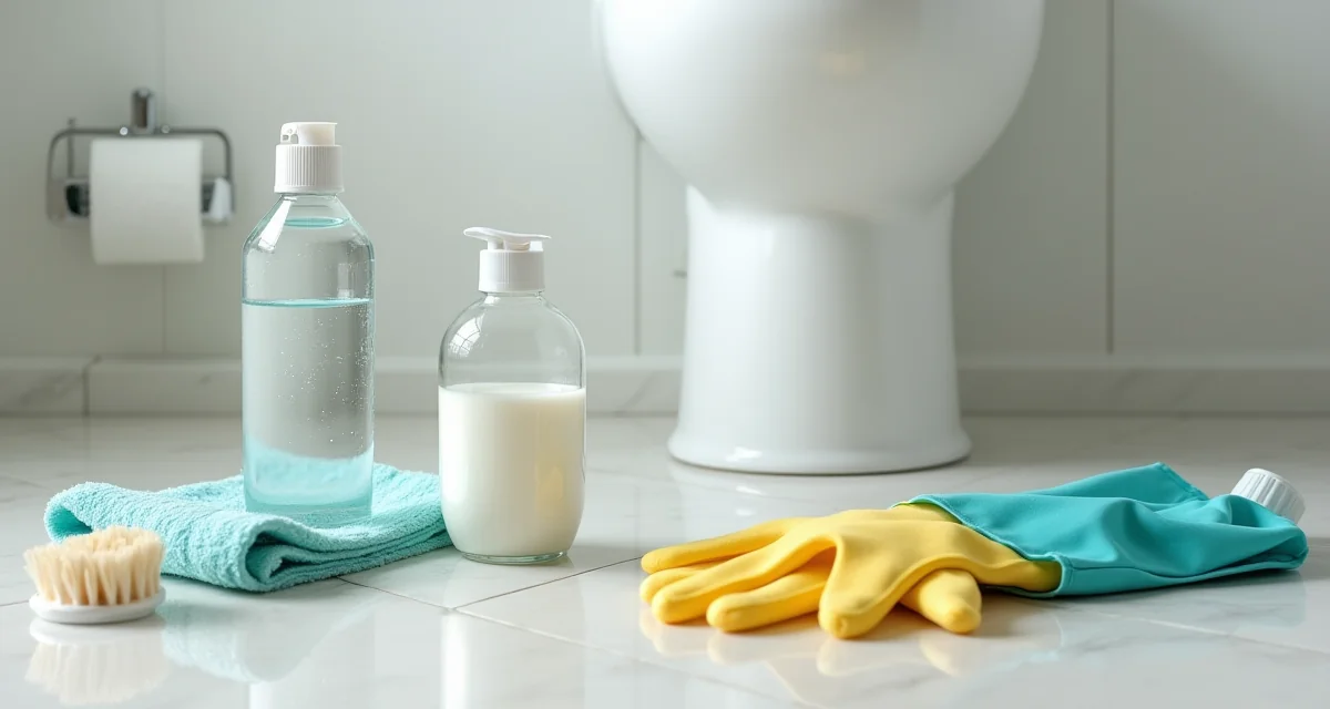 Prodotti per la pulizia del wc come aceto, bicarbonato, spazzola e guanti sul pavimento del bagno