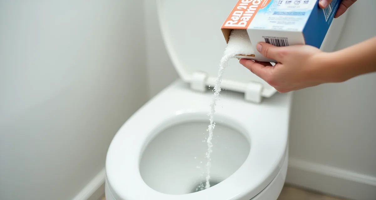Scatola di bicarbonato versata nella tazza del water bianco per rimuovere le incrostazioni