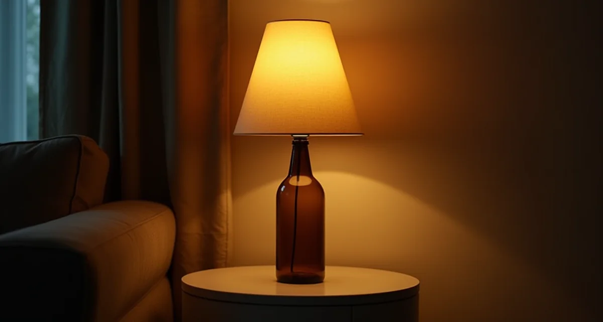 Lampada da tavolo realizzata con una bottiglia di vetro e paralume in tessuto che emana luce calda