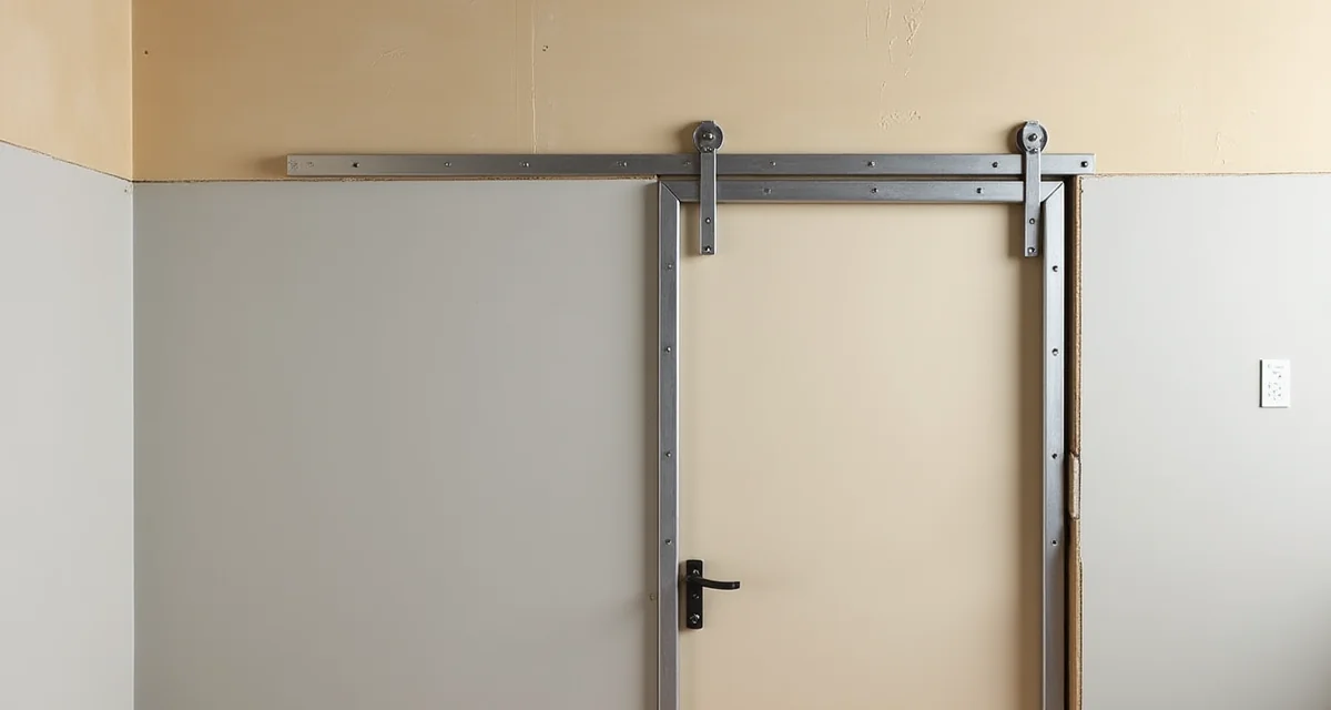 Controtelaio in acciaio per porta scorrevole installato all'interno di una parete in cartongesso parzialmente fissata