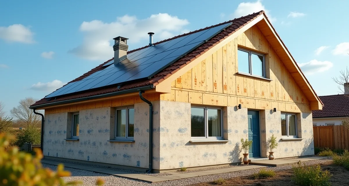 Facciata di casa con nuovi isolanti, finestre e pannelli solari per l'efficientamento energetico