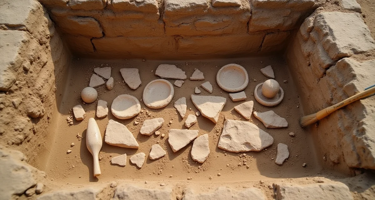 Frammenti di ceramica antica e muro in pietra scoperti in una trincea di scavo con spazzole e scalpelli
