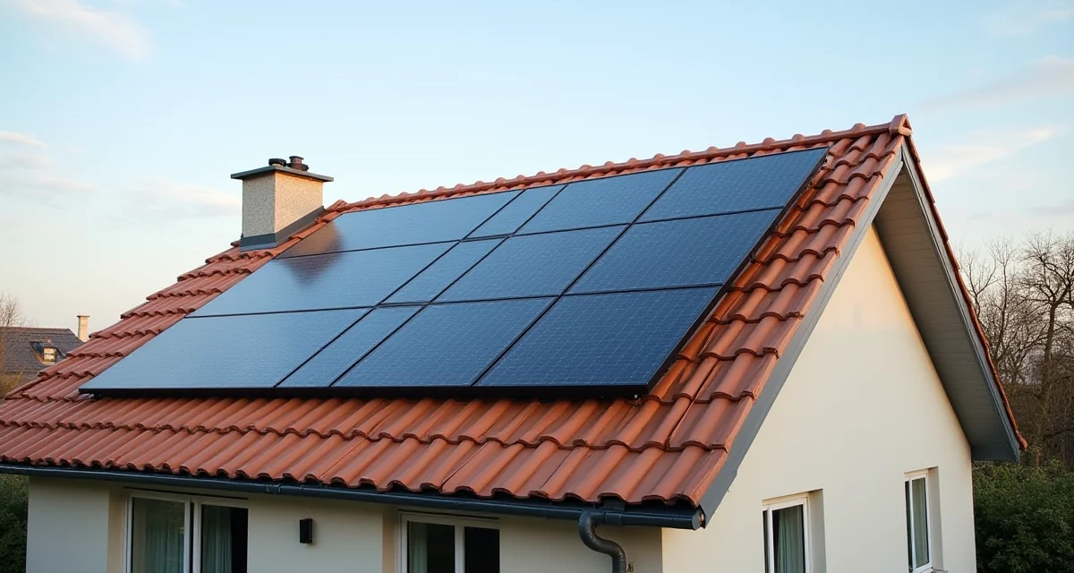 Pannelli fotovoltaici integrati a filo con le tegole del tetto di una casa dall'architettura pulita e moderna
