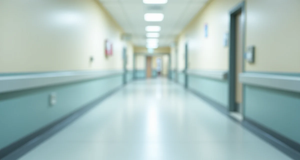 Corridoio ospedaliero con pavimento in linoleum grigio chiaro e pareti chiare illuminate da luce naturale intensa