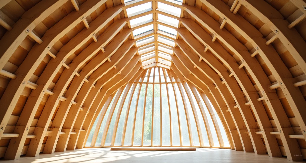 Struttura in legno di un tetto gridshell con reticolo curvo di listelli sottili visto dall'interno