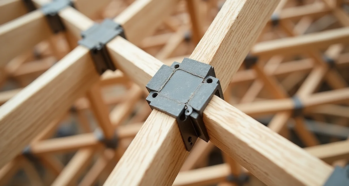 Dettaglio costruttivo di un nodo metallico che unisce listelli di legno in una struttura gridshell