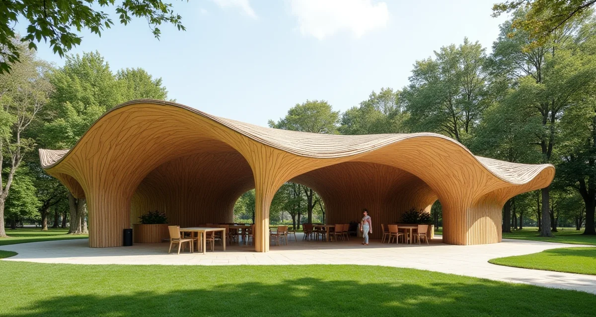 Padiglione moderno con tetto reticolare curvo in legno a doppia curvatura in un parco soleggiato