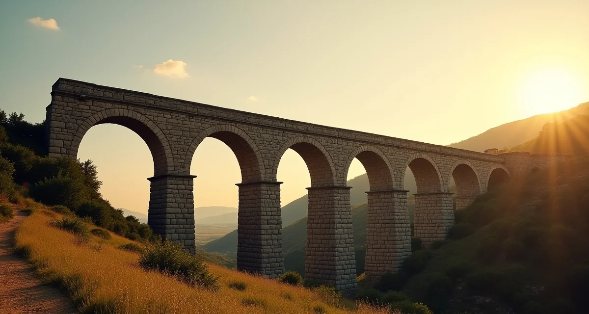 Centine in pietra di un acquedotto romano con archi sotto la luce calda del tramonto