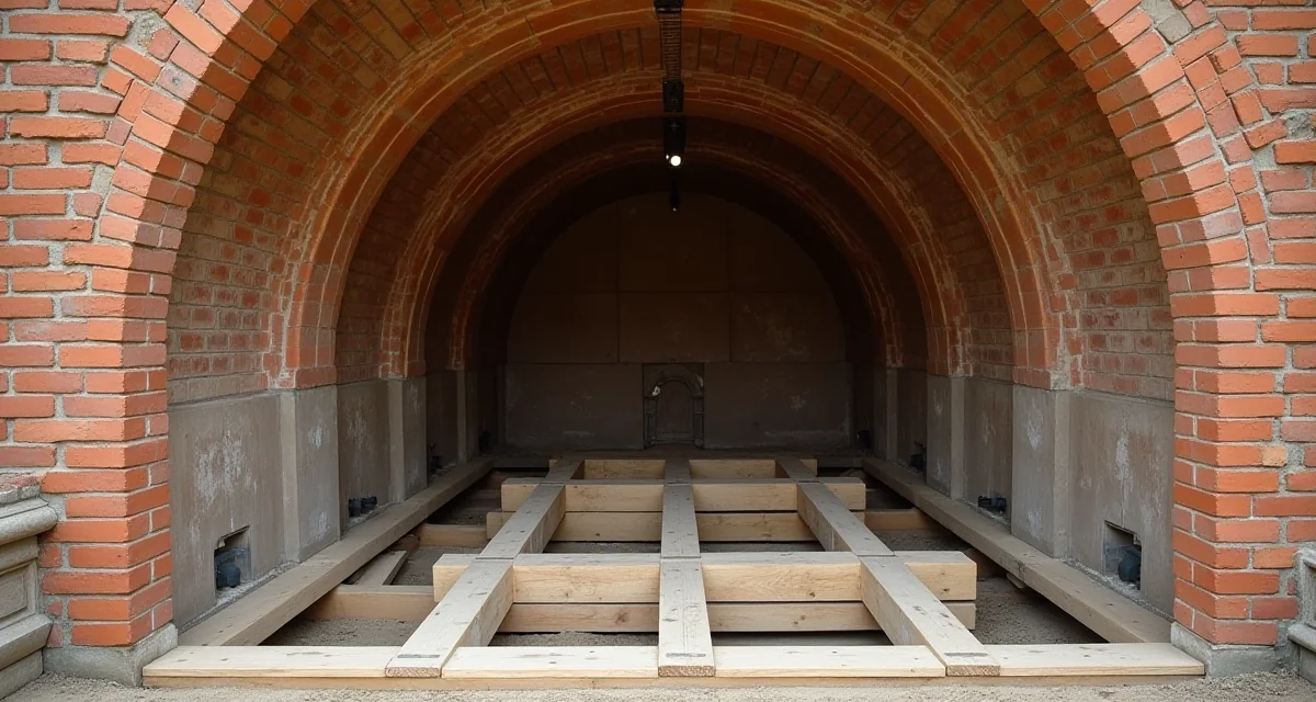 Centine in legno che sostengono una volta a crociera in mattoni durante il restauro di un edificio storico