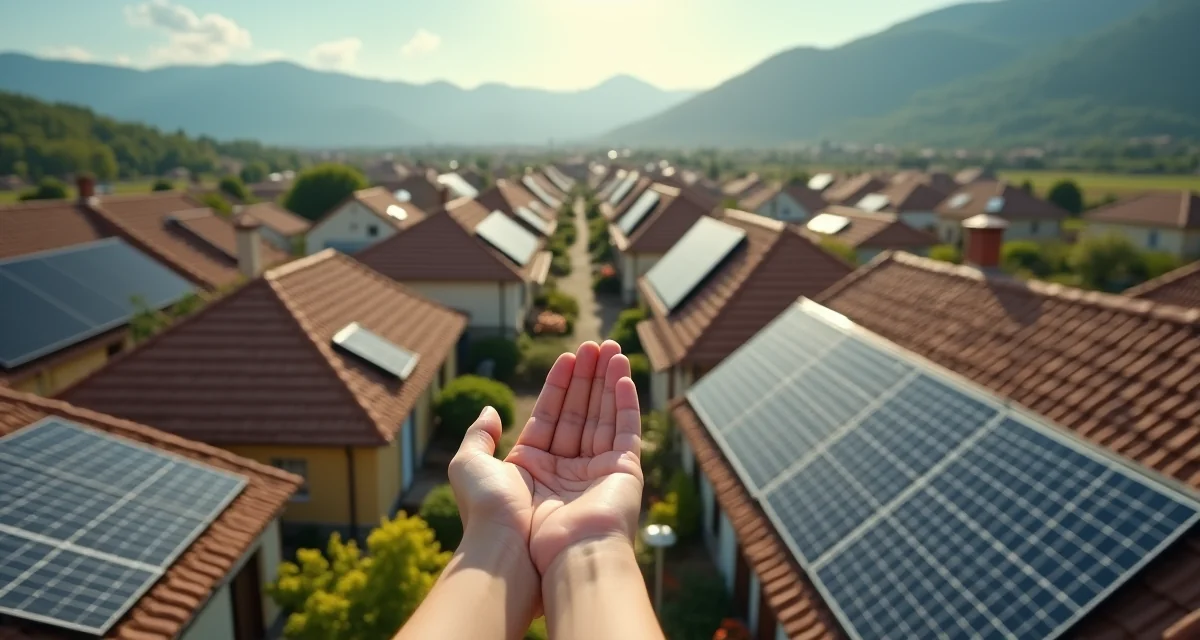 Tetti di un villaggio con pannelli solari che illustrano il concetto di comunità energetica in una giornata di sole