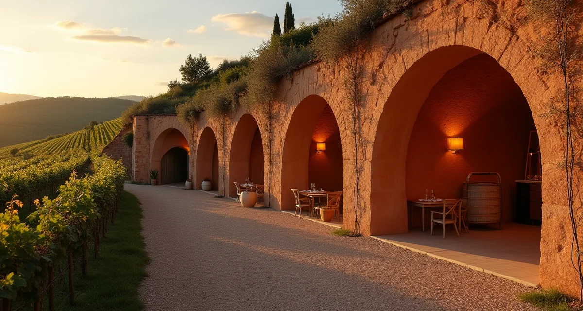Vigneto sotterraneo con arcate in cotto e luce calda serale