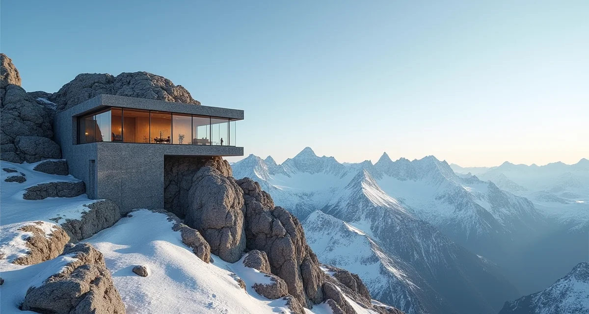 Museo ipogeo scavato nella roccia alpina con ampie vetrate che si affacciano sulle cime sotto un cielo terso