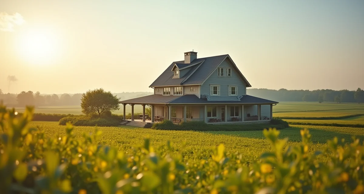 Casa colonica moderna immersa nei campi coltivati sotto un sole splendente in campagna