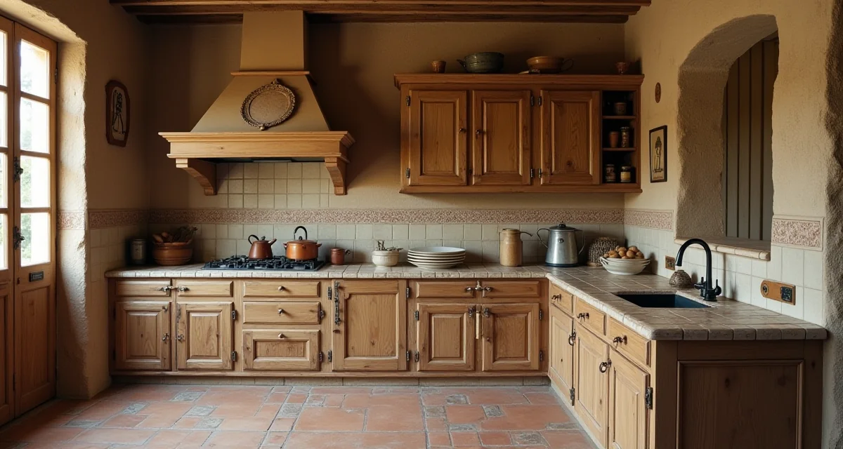 Cucina in muratura d'angolo con piano piastrellato e ante in legno per un ambiente rustico accogliente