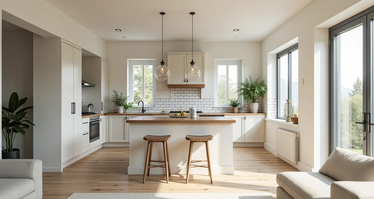 Cucina americana aperta sul soggiorno con isola centrale e sgabelli illuminata dalla luce naturale diurna