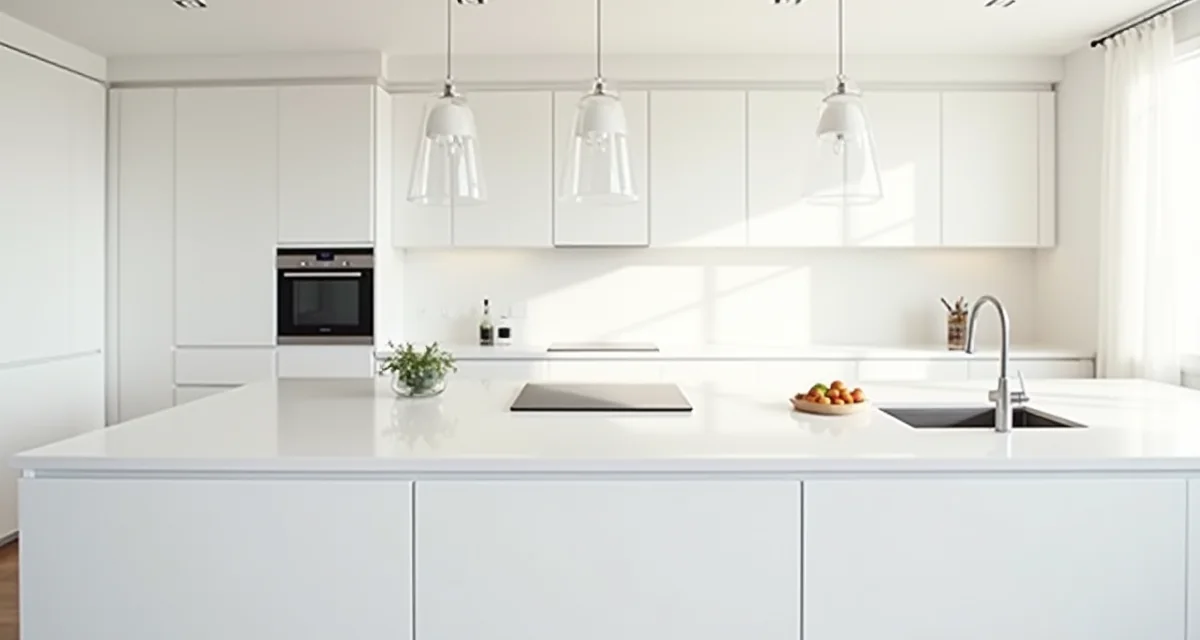Cucina moderna bianca con penisola e lampade a sospensione illuminate da luce naturale