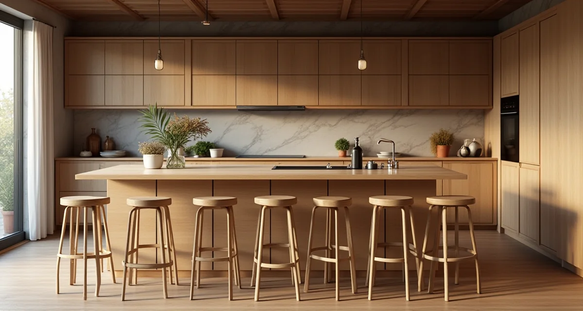 Cucina in legno con penisola e sgabelli da bar illuminata da luce calda