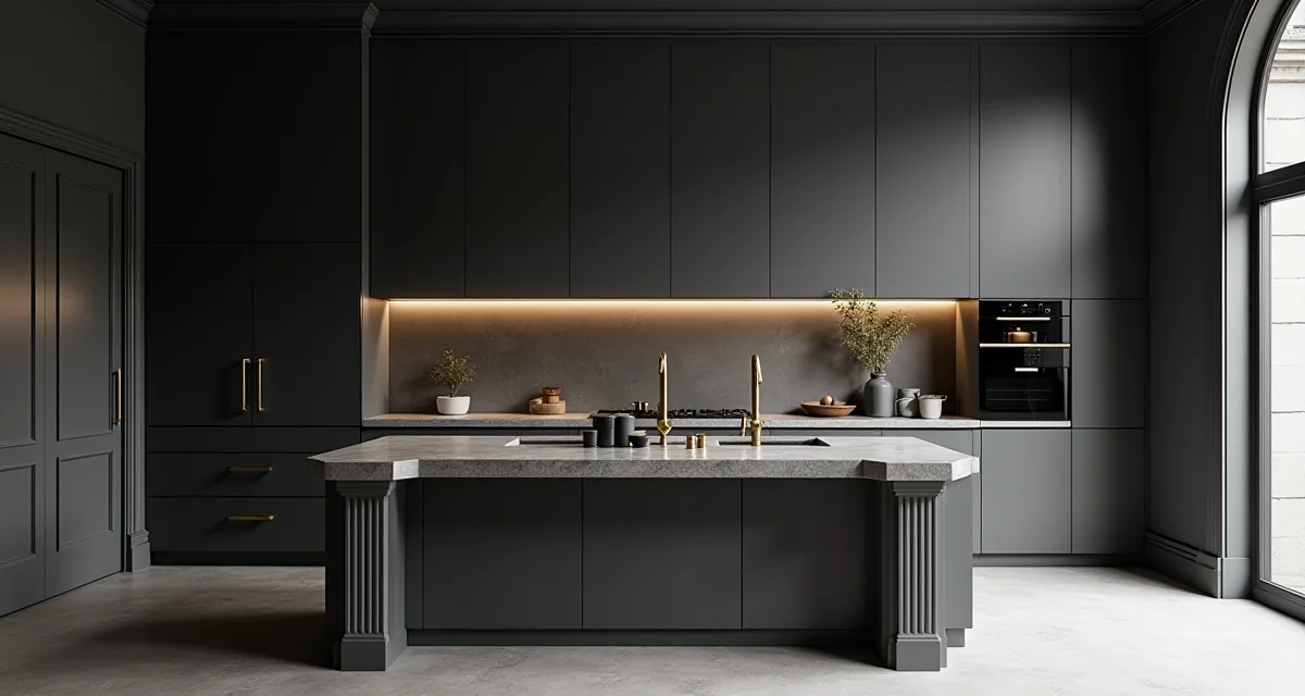 Penisola in marmo grigio scuro con rubinetteria dorata in una cucina elegante dal design moderno e raffinato