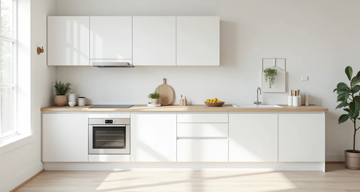 Cucina moderna stile scandinavo con mobili bianchi e piano di lavoro in legno massello
