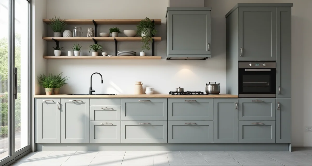 Cucina moderna grigia con scaffali aperti e piante in un ambiente luminoso e accogliente