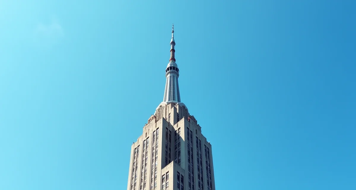 Cuspide di un grattacielo art deco con cornici a gradoni contro il cielo blu