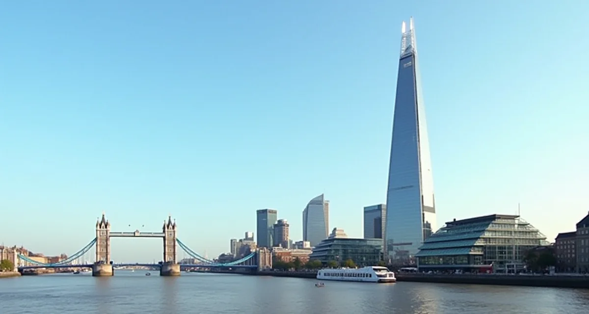 Grattacielo The Shard con facciata in vetro contro il cielo limpido e lo skyline storico di Londra