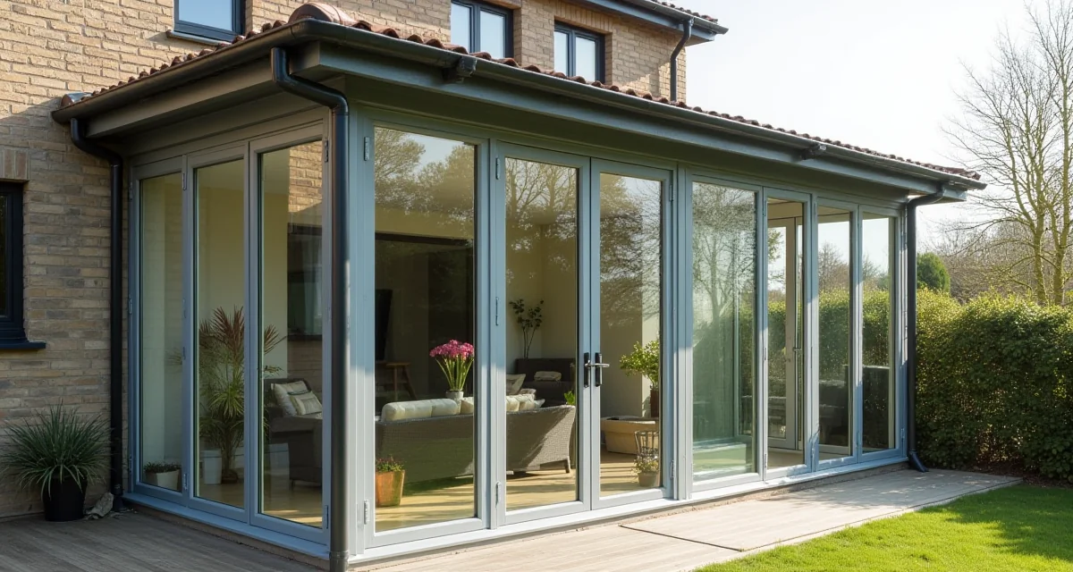 Veranda vetrata con telaio in alluminio adiacente alla casa e piante all'interno