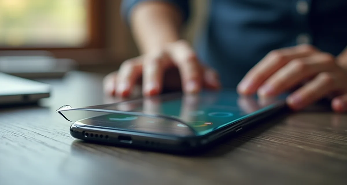 Vetro temperato per schermo di smartphone su tavolo in primo piano senza testo leggibile