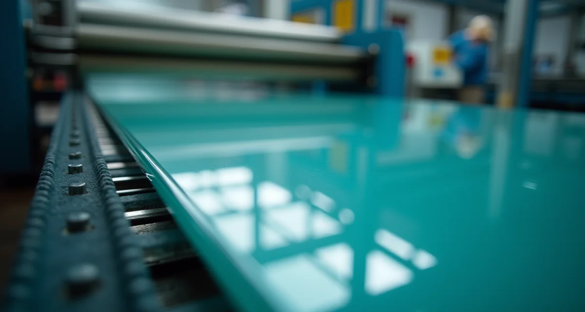 Foglio di vetro temperato su rulli in una linea produttiva industriale con illuminazione naturale