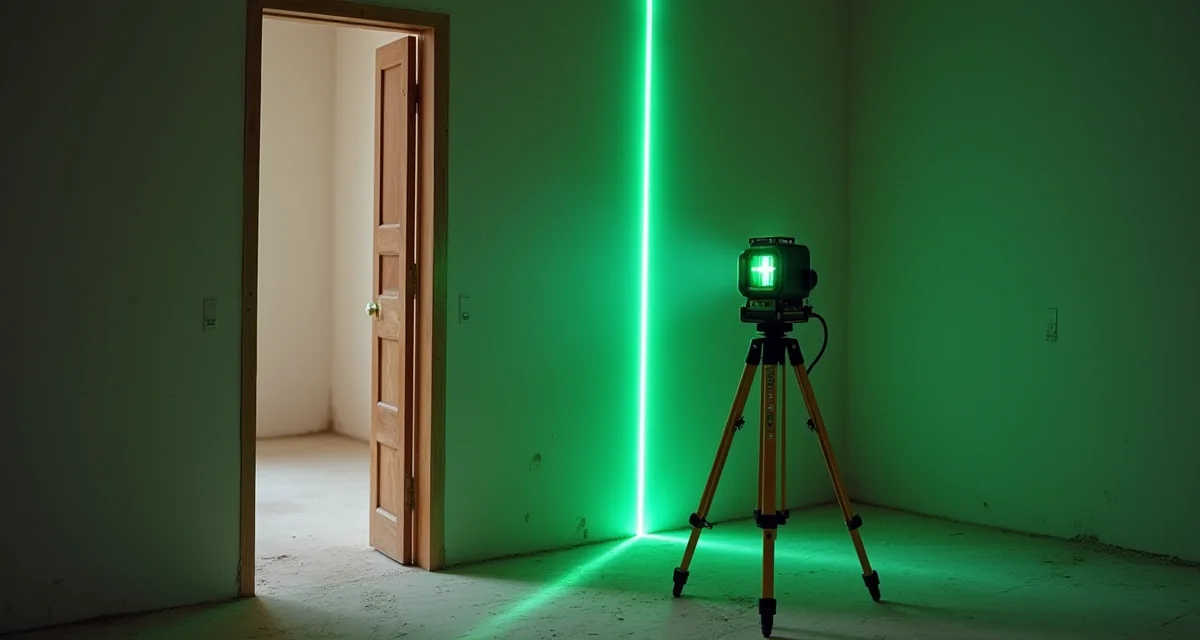 Livella laser a linee verdi su treppiede che proietta le linee su una parete intonacata accanto al telaio di una porta in cantiere
