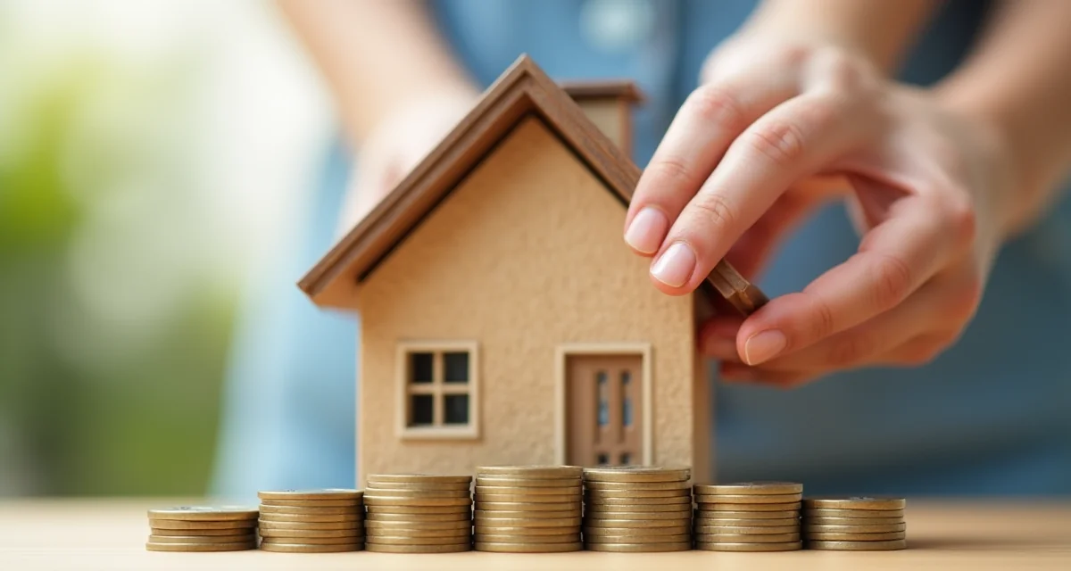Casa con facciata isolata e modello in miniatura con monete su sfondo soleggiato per ecobonus 2018
