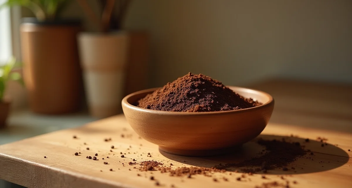 Ciotola di fondi di caffè su mensola cucina come deodorante naturale con illuminazione calda