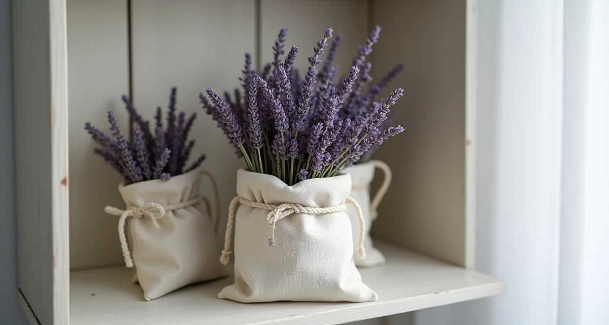 Sacchetto di lino con lavanda essiccata su mensola camera da luce soffusa per eliminare odori naturalmente
