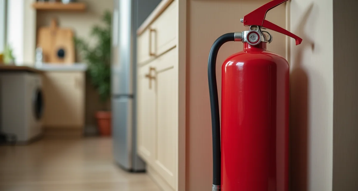 Estintore a polvere rossa posizionato nell'angolo di una cucina per la sicurezza domestica