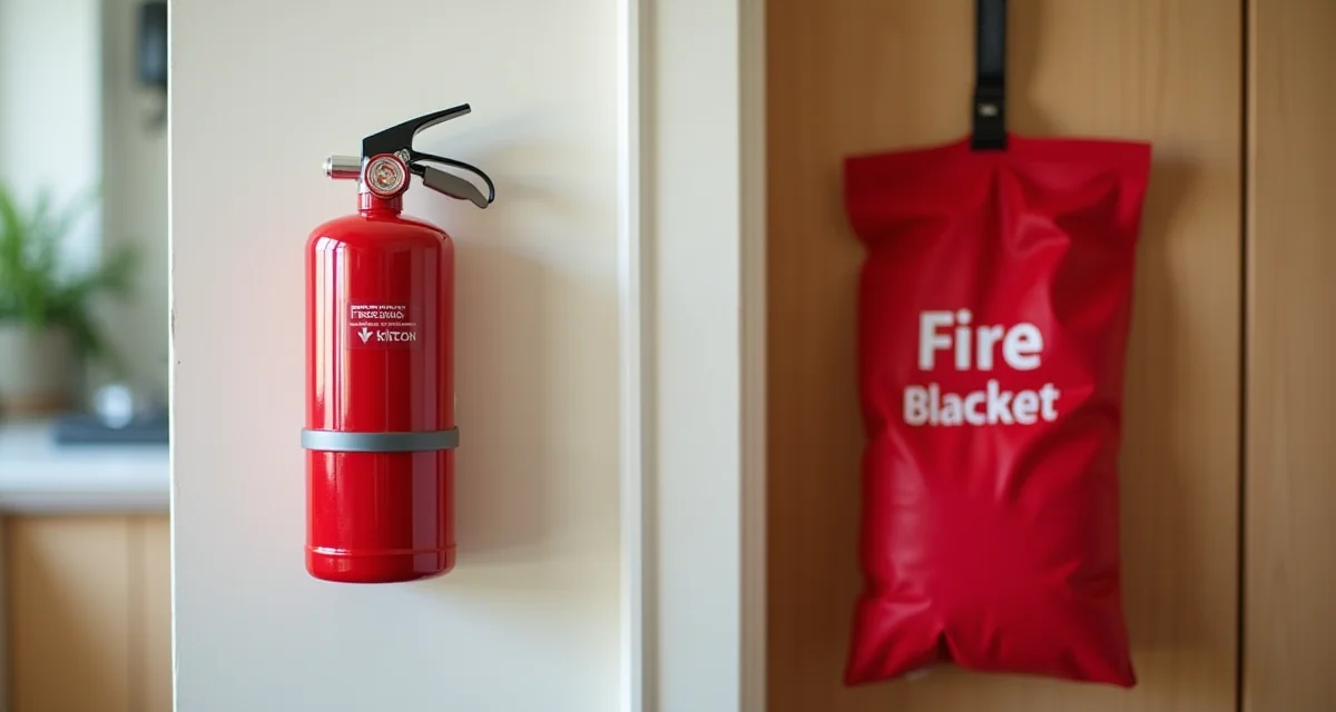 Estintore domestico e coperta antifuoco montati a parete vicino all'ingresso della cucina