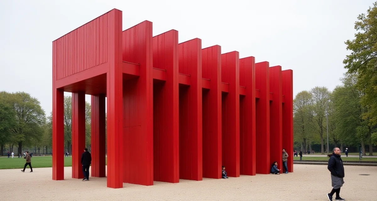 Struttura rossa di un padiglione nel Parco della Villette a Parigi, esempio di architettura dei giardini parigini