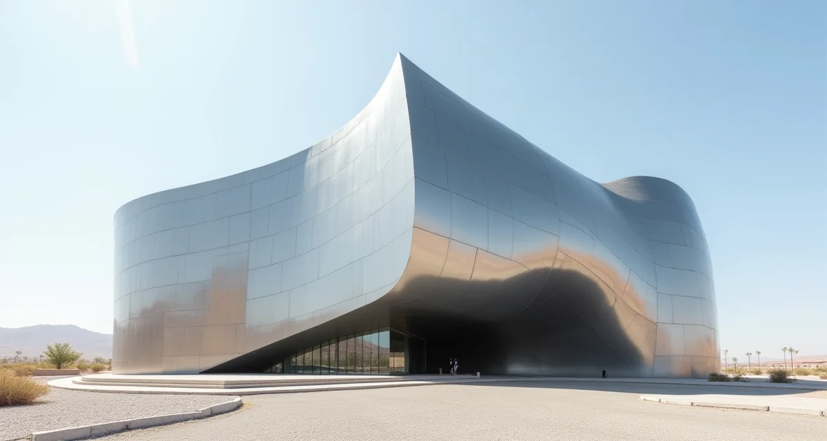 Edificio decostruttivista in acciaio inox curvato a Las Vegas con composizione verticale