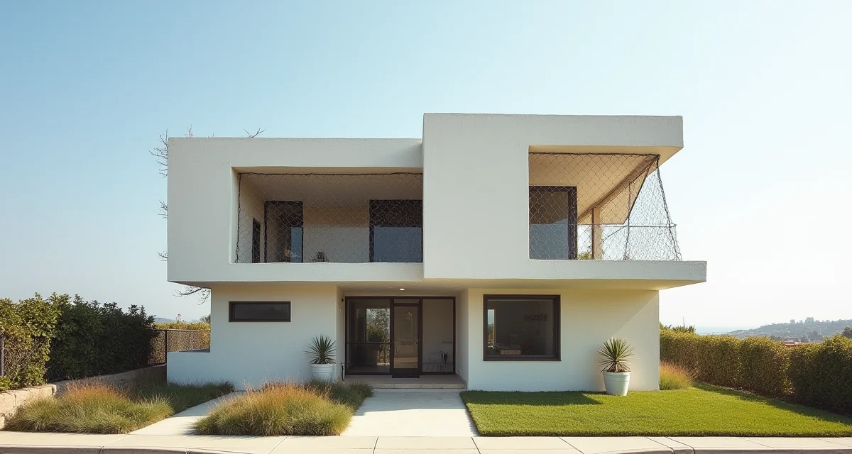 Casa decostruttivista con volumi inclinati ed elementi in rete metallica a Santa Monica sotto il sole