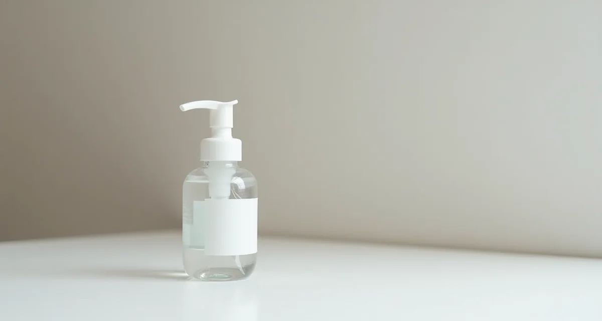 Piccola bottiglia trasparente di gel disinfettante per le mani su superficie bianca, composizione verticale e minimalista