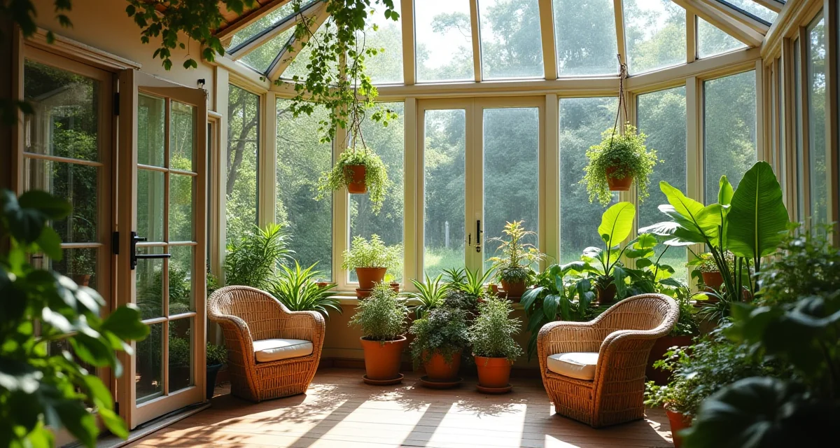 Veranda vetrata adiacente alla casa ricca di piante e sedie in vimini illuminate dalla luce solare