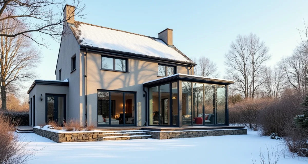 Estensione in vetro di una serra solare moderna sulla facciata sud di una casa in una giornata invernale soleggiata